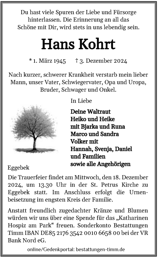  Traueranzeige für Hans Kohrt vom 11.12.2024 aus Flensburger Tageblatt