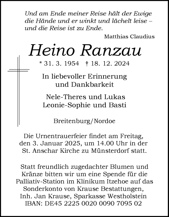 Traueranzeige von Heino Ranzau von Norddeutsche Rundschau, Wilstersche Zeitung, Glückstädter Fortuna