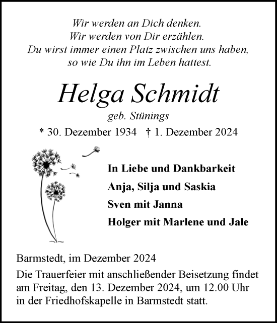 Traueranzeige von Helga Schmidt von Elmshorner Nachrichten, Barmstedter Zeitung