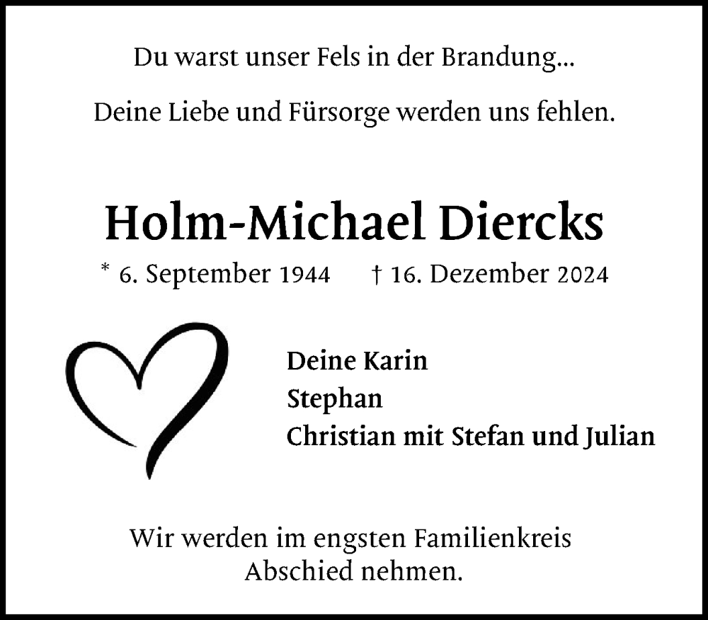  Traueranzeige für Holm-Michael Diercks vom 21.12.2024 aus Region Pinneberg und tip Pinneberg