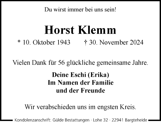 Traueranzeige von Horst Klemm von Stormaner Tageblatt