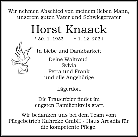 Traueranzeige von Horst Knaack von Norddeutsche Rundschau, Wilstersche Zeitung, Glückstädter Fortuna