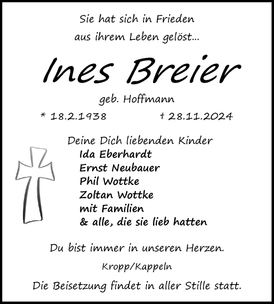 Traueranzeige von Ines Breier von Schleswiger Nachrichten, Schlei-Bote