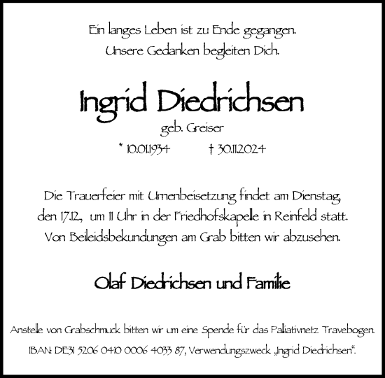 Traueranzeige von Ingrid Diedrichsen von Stormaner Tageblatt