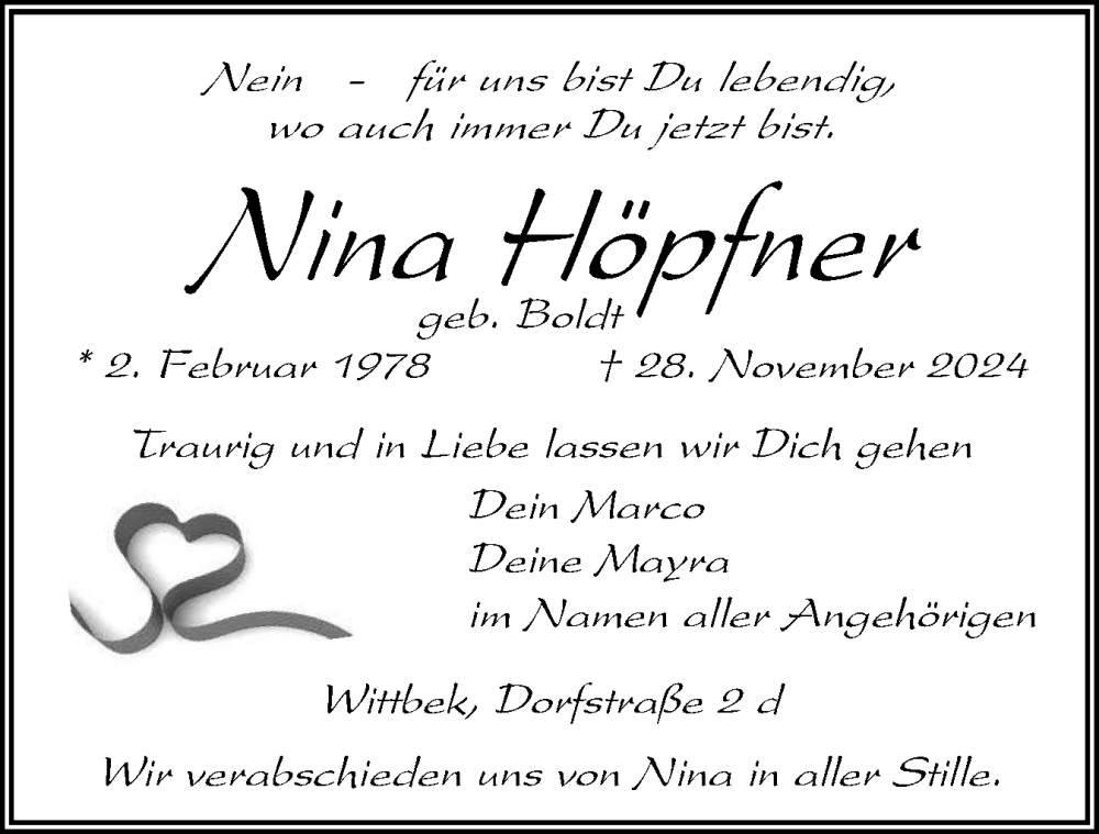  Traueranzeige für Nina Höpfner vom 04.12.2024 aus Husumer Nachrichten, Nordfriesland Tageblatt