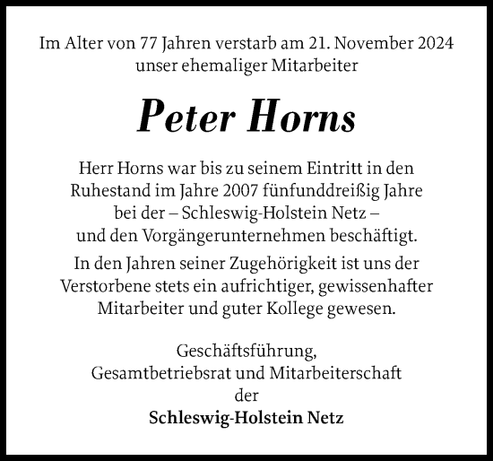 Traueranzeige von Peter Horns von Elmshorner Nachrichten, Barmstedter Zeitung