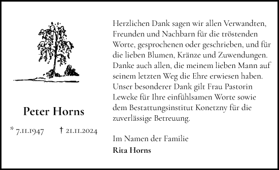 Traueranzeige von Peter Horns von Elmshorner Nachrichten, Barmstedter Zeitung