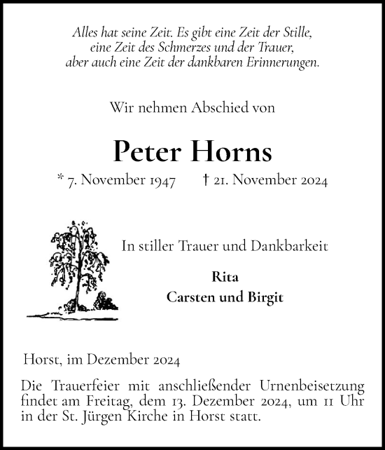 Traueranzeige von Peter Horns von Elmshorner Nachrichten, Barmstedter Zeitung