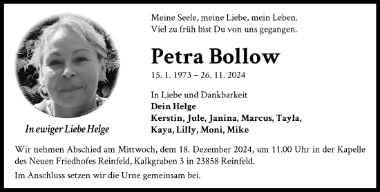 Traueranzeige von Petra Bollow von Stormaner Tageblatt