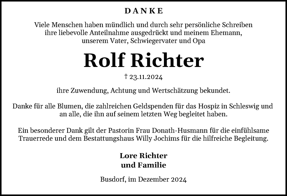  Traueranzeige für Rolf Richter vom 21.12.2024 aus Schleswiger Nachrichten, Schlei-Bote