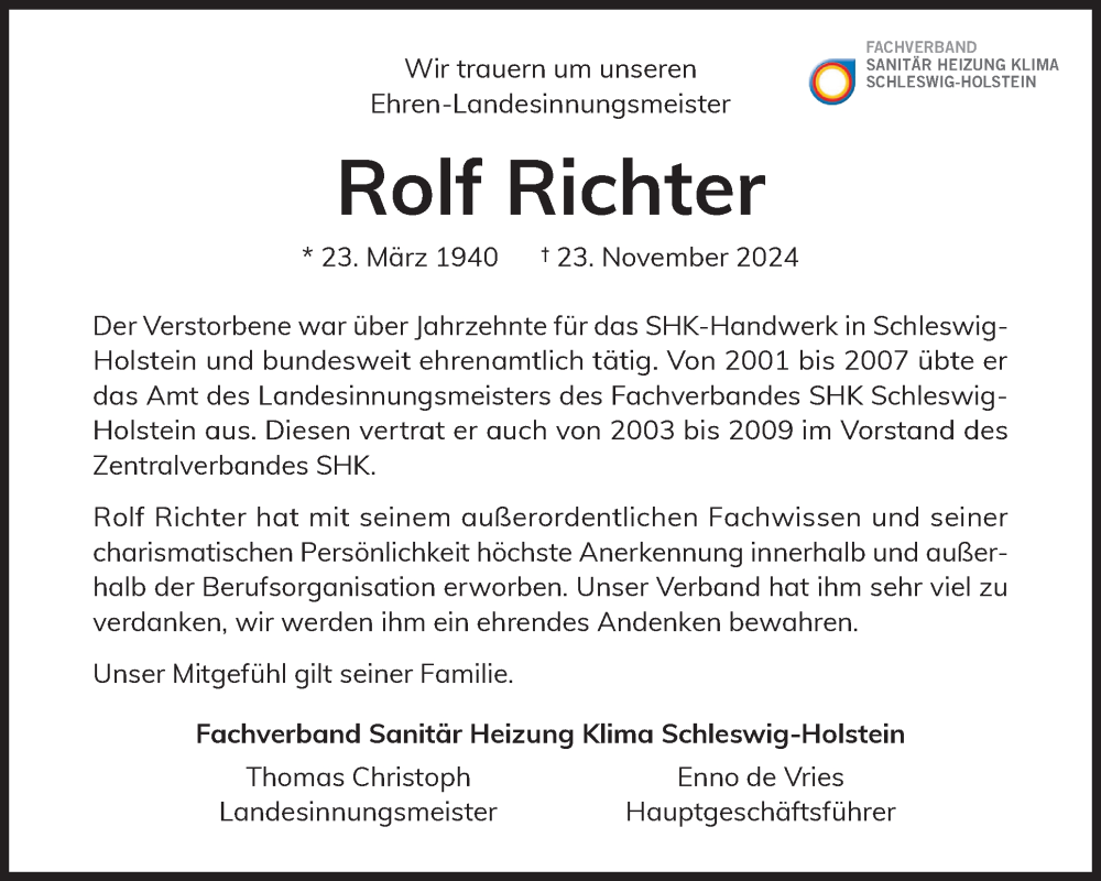  Traueranzeige für Rolf Richter vom 07.12.2024 aus Schleswiger Nachrichten, Schlei-Bote, Eckernförder Zeitung