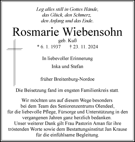 Traueranzeige von Rosmarie Wiebensohn von Norddeutsche Rundschau, Wilstersche Zeitung, Glückstädter Fortuna