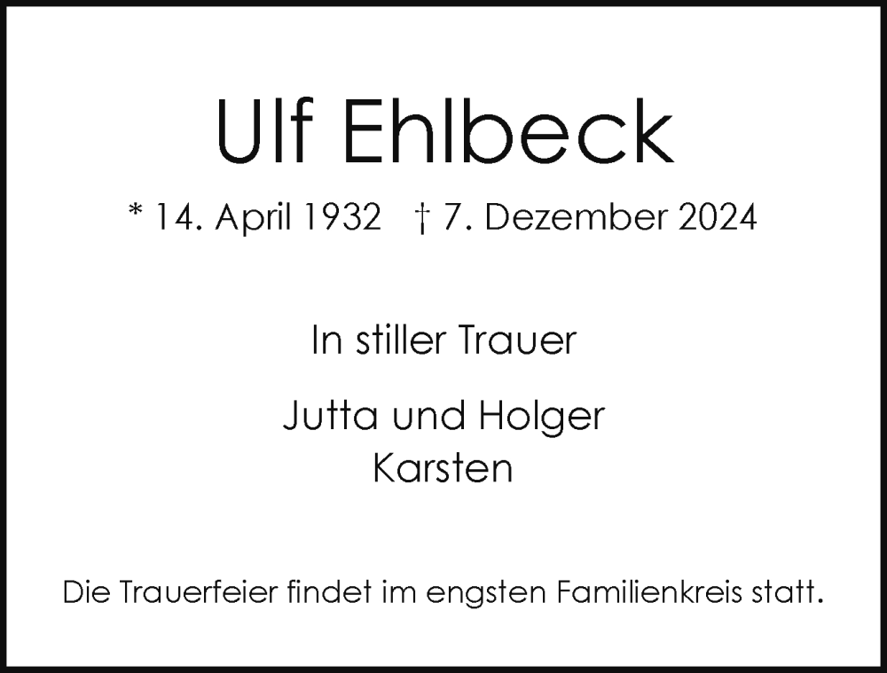  Traueranzeige für Ulf Ehlbeck vom 21.12.2024 aus Region Pinneberg und tip Pinneberg