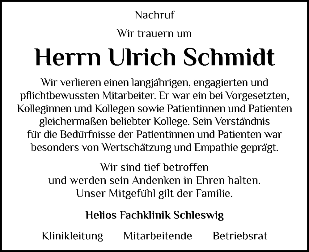  Traueranzeige für Ulrich Schmidt vom 03.12.2024 aus Schleswiger Nachrichten, Schlei-Bote