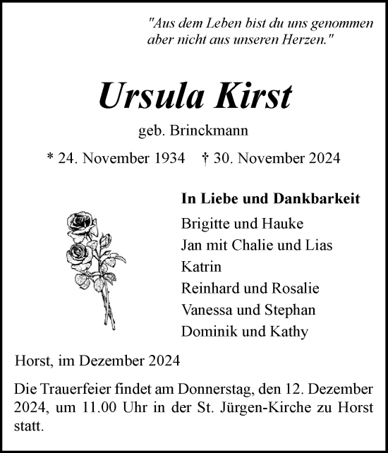 Traueranzeige von Ursula Kirst von Elmshorner Nachrichten, Barmstedter Zeitung