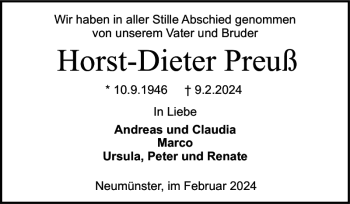 Traueranzeige von Horst-Dieter Preuß von Holsteinischer Courier