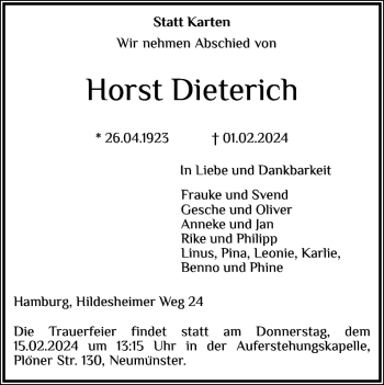Traueranzeige von Horst Dieterich von Holsteinischer Courier