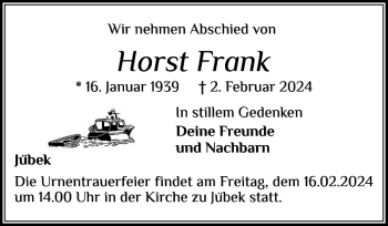 Traueranzeige von Horst Frank von Schleswiger Nachrichten