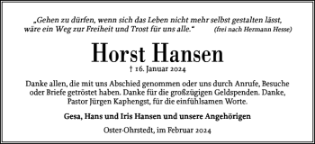 Traueranzeige von Horst Hansen von Husumer Nachrichten