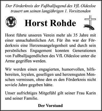 Traueranzeige von Horst Rohde von Stormarner Tageblatt