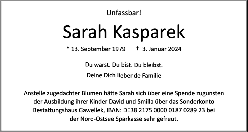  Traueranzeige für Sarah Kasparek vom 03.02.2024 aus Husumer Nachrichten