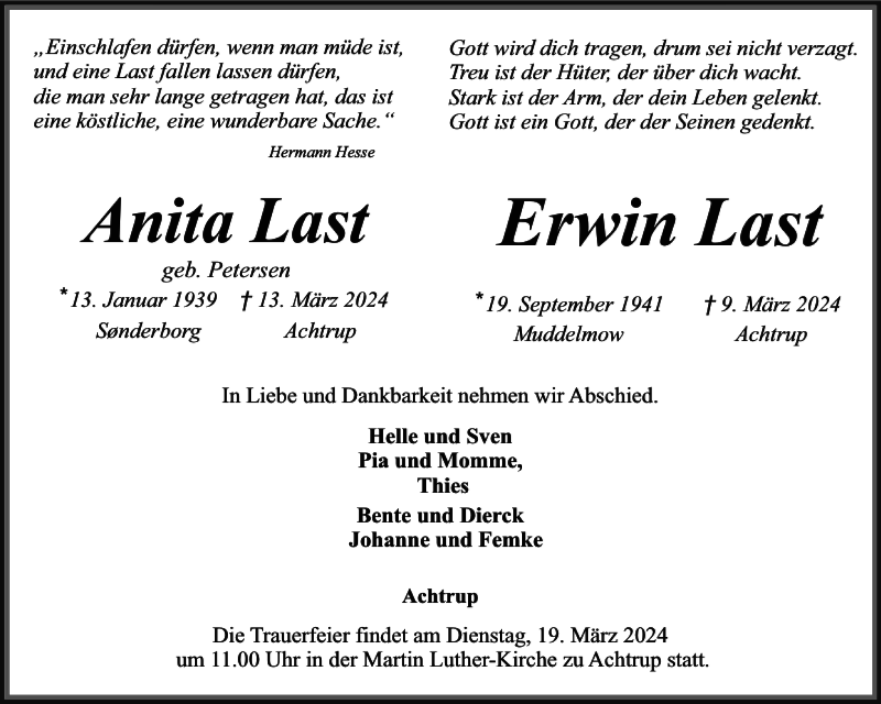  Traueranzeige für Anita und Erwin Last vom 16.03.2024 aus Husumer Nachrichten