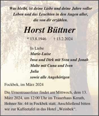Traueranzeige von Horst Büttner von Landeszeitung