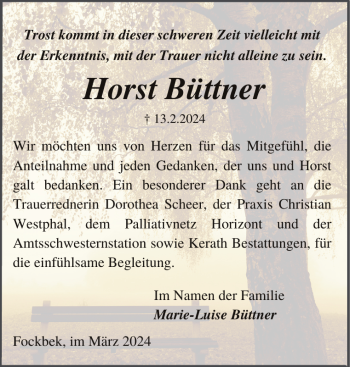 Traueranzeige von Horst Büttner von Landeszeitung