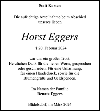 Traueranzeige von Horst Eggers von Landeszeitung