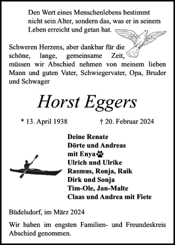 Traueranzeige von Horst Eggers von Landeszeitung