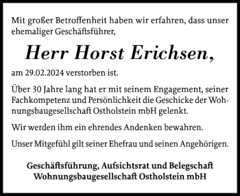 Traueranzeige von Horst Erichsen von Ostholsteiner Anzeiger