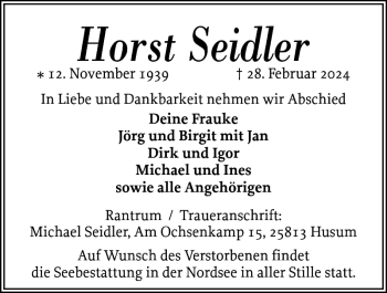 Traueranzeige von Horst Seidler von Husumer Nachrichten