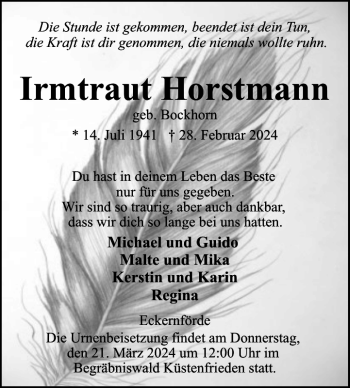 Traueranzeige von Irmtraut Horstmann von Eckernförder Zeitung