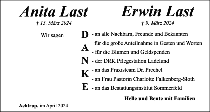  Traueranzeige für Anita und Erwin Last vom 12.04.2024 aus Husumer Nachrichten