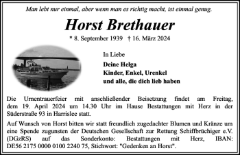 Traueranzeige von Horst Brethauer von Flensburger Tageblatt