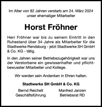 Traueranzeige von Horst Fröhner von Landeszeitung