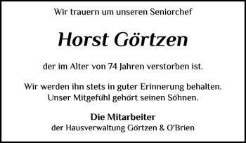Traueranzeige von Horst Görtzen von Landeszeitung
