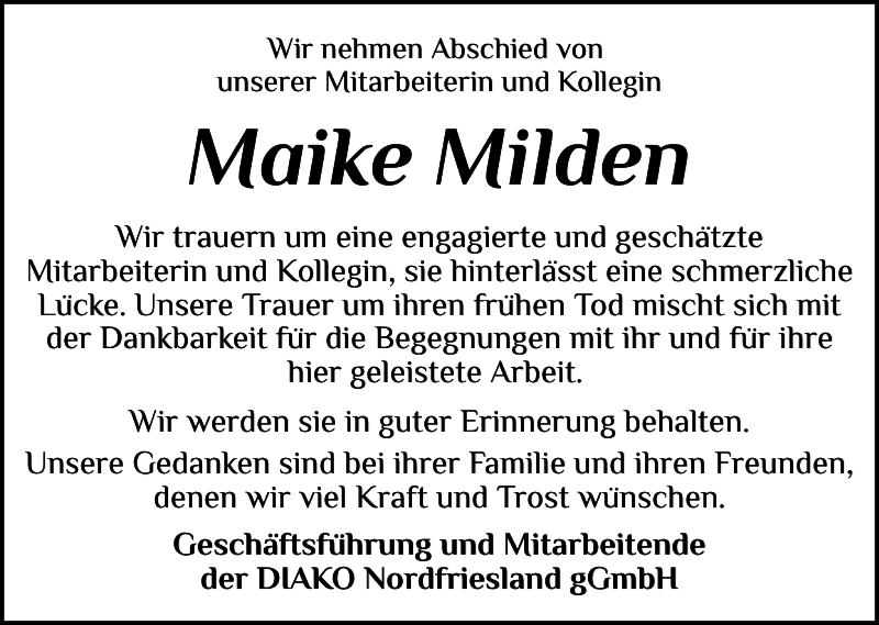  Traueranzeige für Maike Milden vom 12.04.2024 aus Husumer Nachrichten