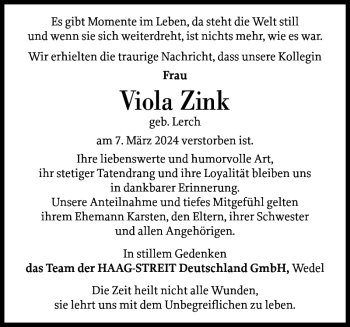 Traueranzeige von Viola Zink von Wedel-Schulauer Tageblatt