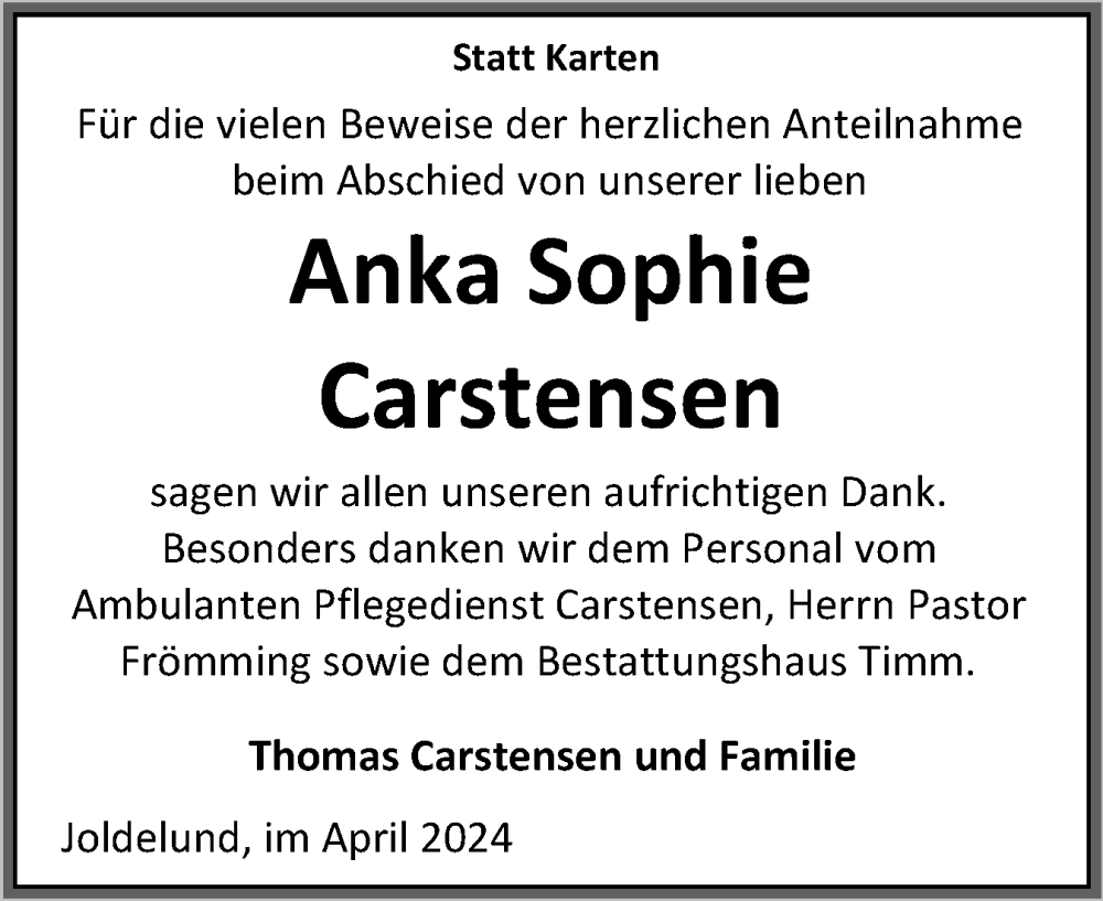  Traueranzeige für Anka Sophie Carstens vom 27.04.2024 aus Region Flensburg