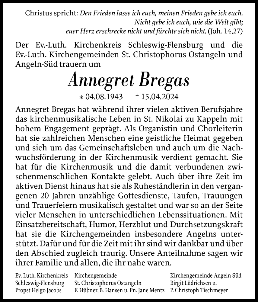  Traueranzeige für Annegret Bregas vom 27.04.2024 aus Flensburger Tageblatt, Schleswiger Nachrichten, Schlei-Bote