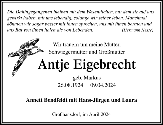 Traueranzeige von Antje Eigebrecht von Stormaner Tageblatt