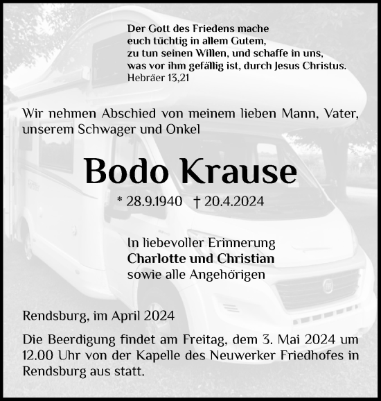 Traueranzeige von Bodo Krause von Schleswig-Holsteinische Landeszeitung