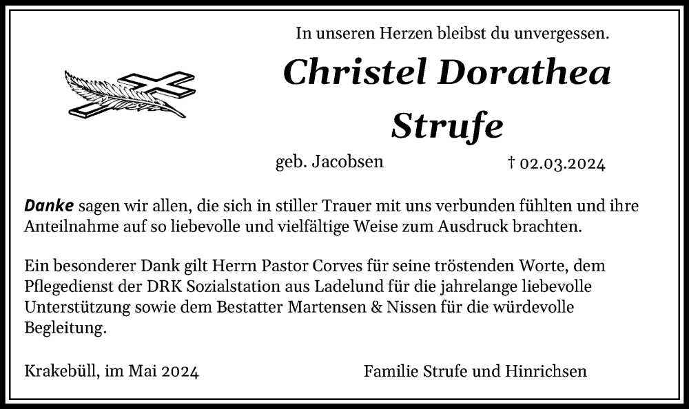  Traueranzeige für Christel Dorathea Strufe vom 07.05.2024 aus Region Flensburg