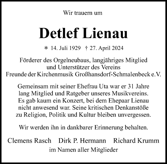 Traueranzeige von Detlef Lienau von Stormaner Tageblatt