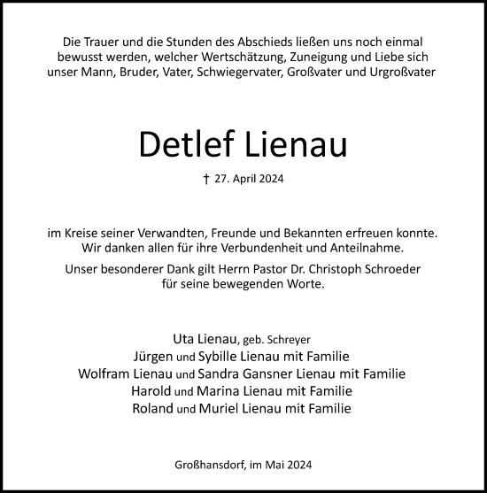 Traueranzeige von Detlef Lienau von Stormaner Tageblatt