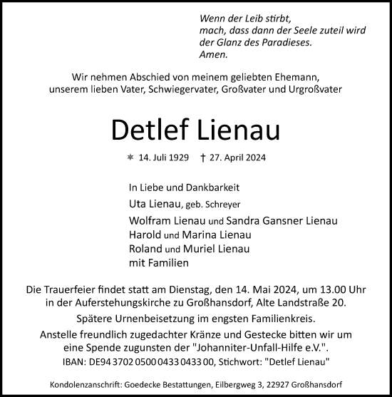 Traueranzeige von Detlef Lienau von Stormaner Tageblatt