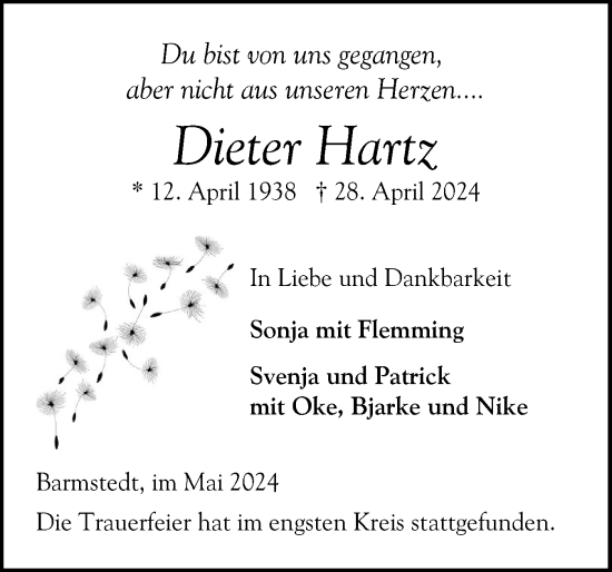 Traueranzeige von Dieter Hartz von Elmshorner Nachrichten, Barmstedter Zeitung