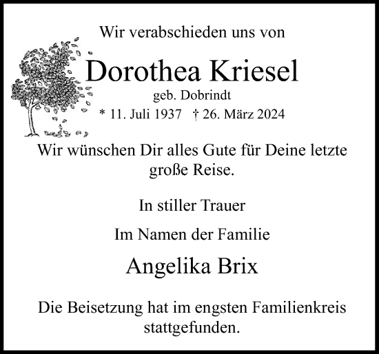 Traueranzeige von Dorothea Kriesel von Elmshorner Nachrichten, Barmstedter Zeitung