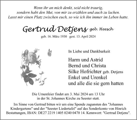 Traueranzeige von Gertrud Detjens von Elmshorner Nachrichten, Barmstedter Zeitung